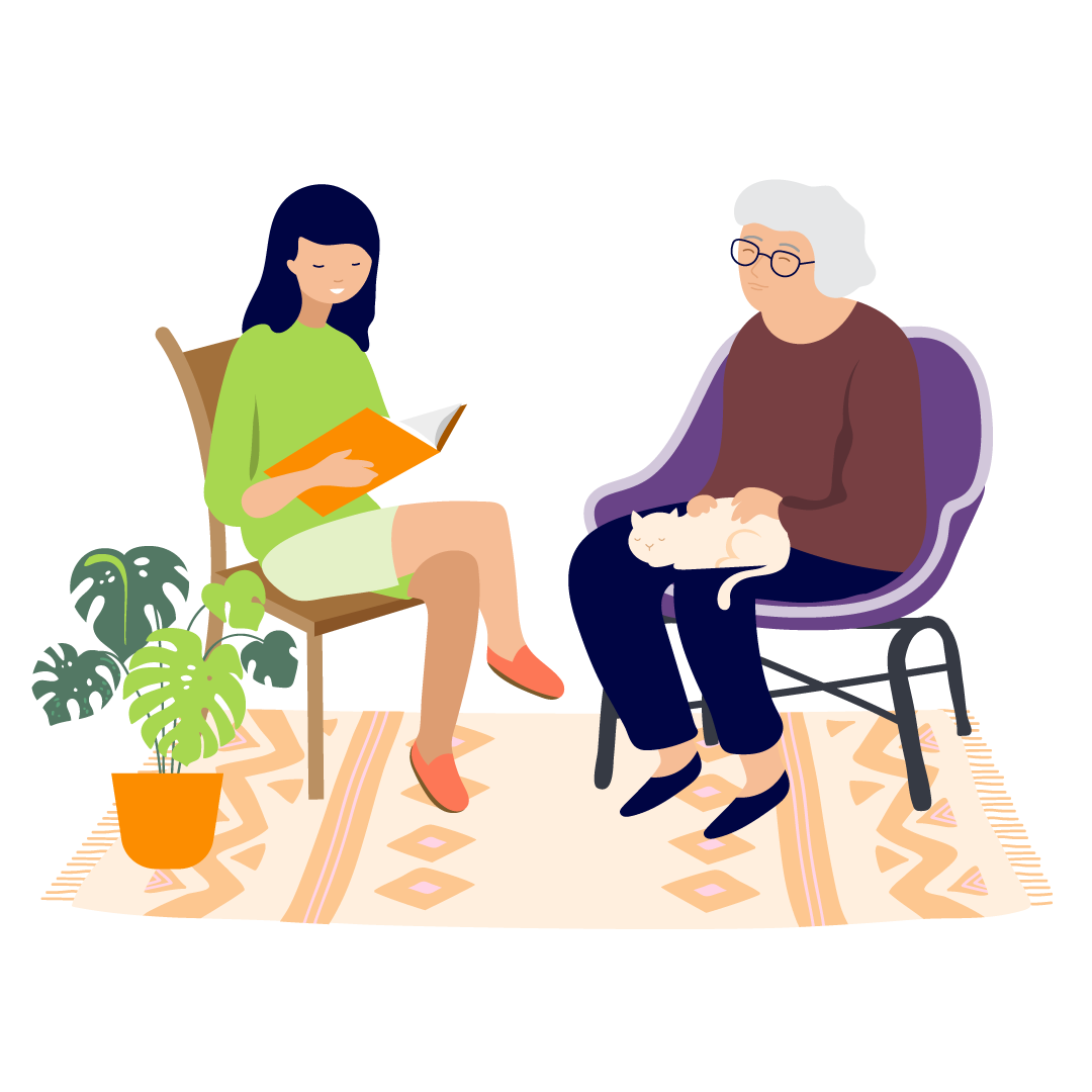 cartoon drawing of a caregiver reading to an older woman