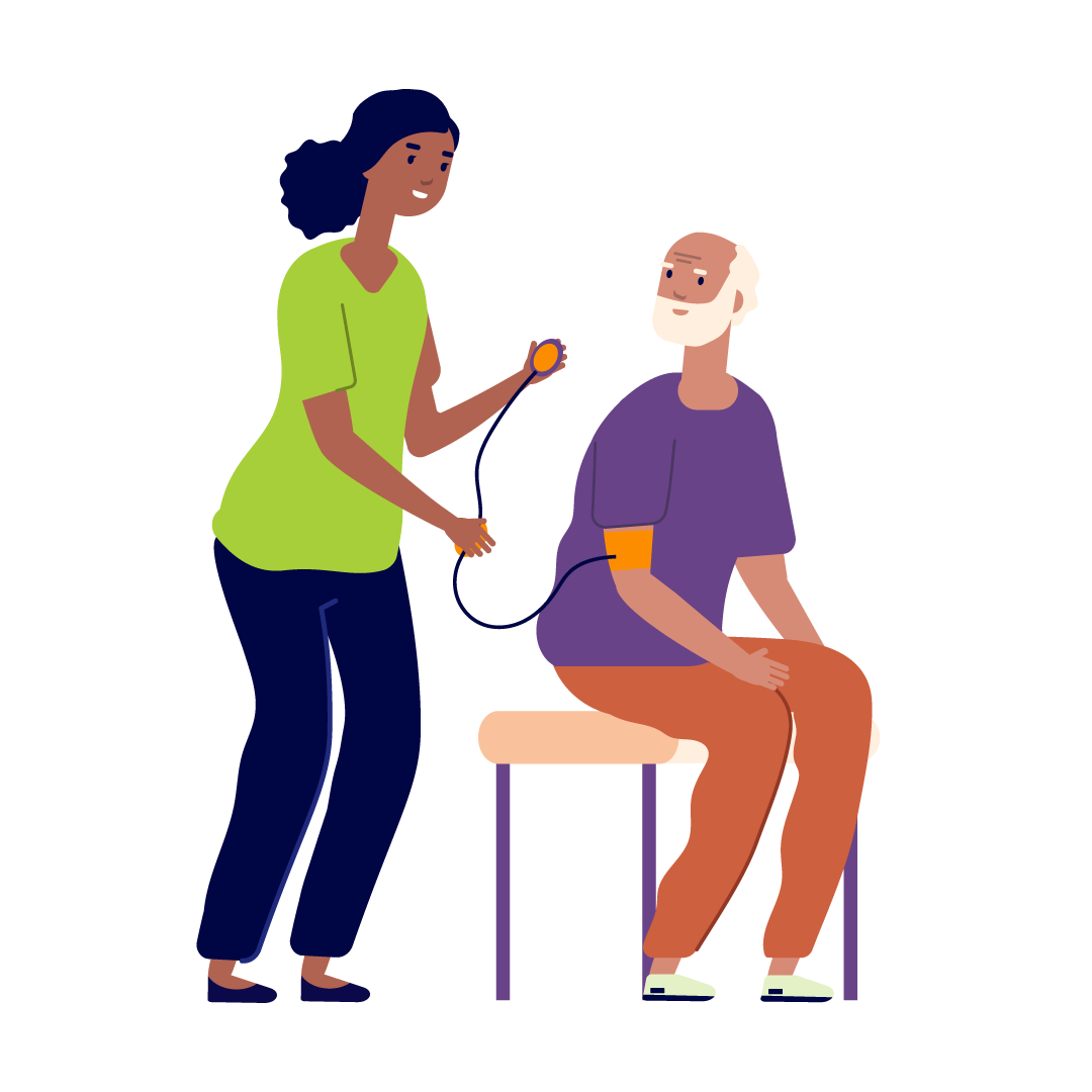 caregiver taking blood pressure of an older man