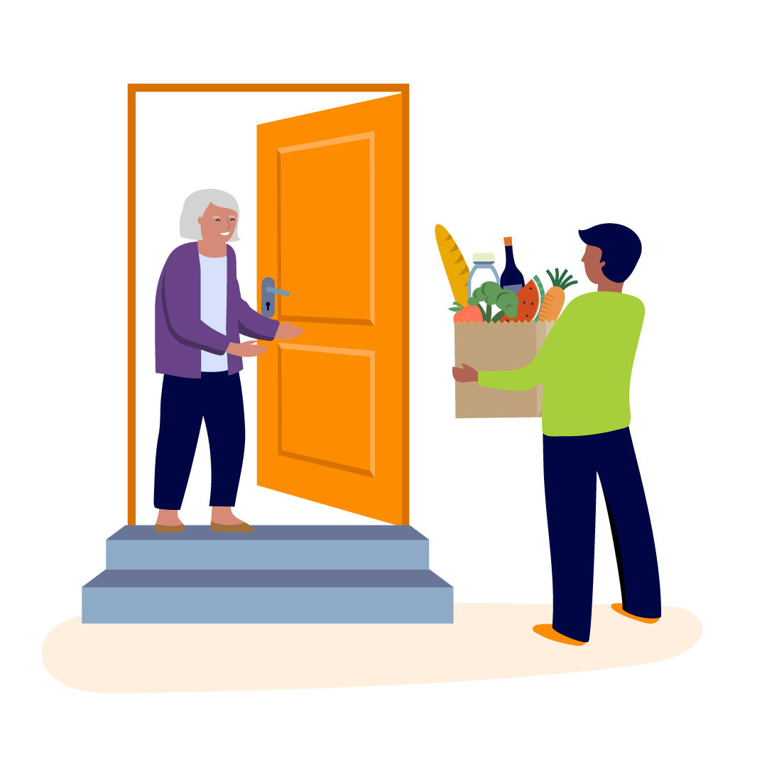 cartoon caregiver delivering groceries to older woman